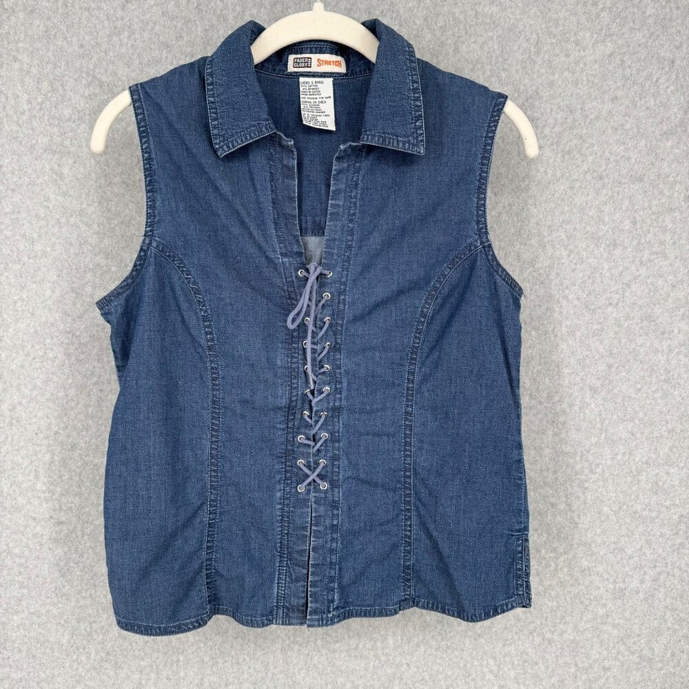 Faded Glory Womens VTG Lace Up Denim Shirt Top Size L Blue 90s Y2K Western EUC